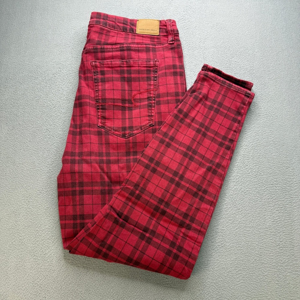 American Eagle Curvy Hi-Rise Jegging Womens 16 Red Plaid Next Level Stretch